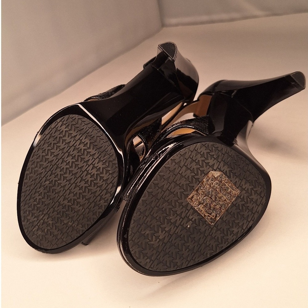 Michael Kors Black Patent Leather T-Strap Cage Heels Front Zip Stiletto Sandals - Picture 4 of 10
